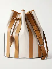 [Hunting Season] Hunting Season - Extra Large Drawstring Leather-trimmed Striped Canvas Bucket Bag - Camel - One size One size Brown