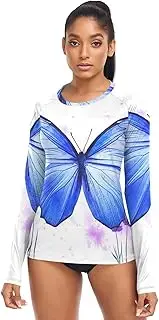 [RPLIFE] Blue Watercolor Butterfly Lavender White Womens Uv Swim Shirt Ladies Rash Guard Tops, Breathable SPF Shirt Women