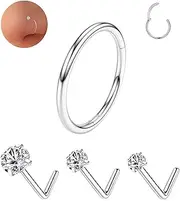 [Purbeaut] 18G Nose Rings Hoops and 20G Nose Studs Set for Women Men,Hypoallergenic 316L Surgical Stainless Steel Nose Ring Gold Nose Hoop L-Shape Nose Rings Studs 1.5/2/3mm CZ Sets 4Pcs Silver, 18