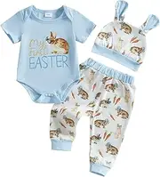 [MAHUAOYIXI] Toddler Baby Easter Outfits Newborn Baby Boys Clothes Bunny Print Long Sleeves Romper and Truck Carrot Print Pants and Hat Infant Boys 3Pcs Clothing Set