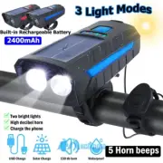 Bicycle Headlight w/ Loud Horn Bike Double Lamp Solar Charging LED Cycling Torch