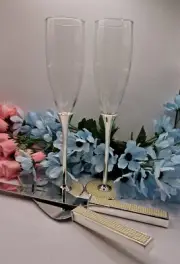 4Pce PEARL WEDDING CHAMPAGNE TOASTING GLASSES FLUTES & CAKE KNIFE SERVER SET