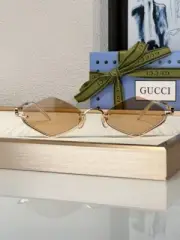 Gucci Women’s Sunglasses – Rimless Geometric Shape, Gold Frame, Brown Lenses, wi