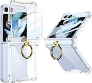 ELEPIK for Samsung Flip 5 Case with Hinge Protection, Samsung Galaxy Z Flip 5 Case with Ring Kickstand [Back Window Screen Protector] Protective Cover for Samsung Galaxy Z Flip 5 5G, Clear