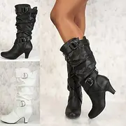 Women's Knee-High Boots with Buckle Straps and Slouchy Design, Featuring Mid-Heel and Versatile Style for Casual and Evening Wear