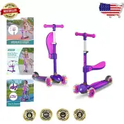 Purple Kids Kick Scooter with LED Lighted Wheels & Adjustable Height, 3 Wheels