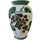 Vase with Purple Grape Geen Vine Leaves White Washed Look Painted Pottery 10"