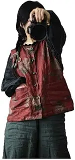 [LZJN] Women's Handmade Lightweight Linen Printed Vest with Knot Button – Sleeveless Blazer Jacket with Pockets for All Seasons, Deep Red, One Size