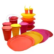 Tupperware Vintage Large Picnic Set Plates Tumblers Bowls Pitchers Neon 15 Pcs
