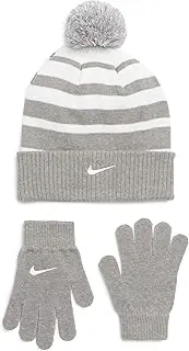 [Nike] Gray Swoosh Pom-Pom Striped Beanie & Gloves Boys Size 8-20 Set