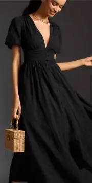 Anthropologie The Katerina Button Front Dress Puff Sleeves Pockets Black S NWT