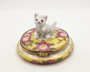New French Limoges Trinket Box Gray Striped Cat on Spring Floral Blossoms Box