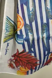 ANTICA SARTORIA BLUE WHITE & YELLOW LEMONS AND FISH SCARF 40 x 70 INCHES NWT