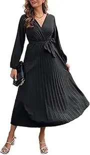 [Kafiloe] Women V Neck Wrap Dress Elegant Pleated Long Sleeve High Waist Belted A Line Hem Swing Midi Sun Dresses