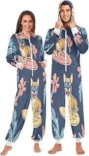 [ZZXXB] Corgi Dog Surfing Onesie Pajamas for Adult Women Men Long Sleeves One Piece Onesies Hooded Sleepwear S - XL