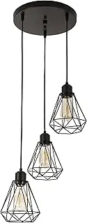 Timi Home Industrial 3-Light Pendant Light, Flush Mount Ceiling Light Fixture with Black Metal Cage Shade, Vintage Hanging Pendant Lighting for Kitchen, Island, Dining Room, Hallway