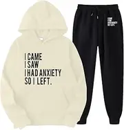 [Tsmile] English Letter Print Tracksuit for Women 2 Piece Sweatsuit Casual Pullover Sweatshirt Long Sleeves with Jogging Pants, Beige, Large