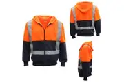 HI VIS Reflective Tape Fleece-lined Jacket FullZip Safety Hoodie Workwear Jumper - Fluro Orange / Navy