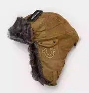 True Religion Corduroy Faux Fur Trapper Hat Chin Strap Horseshoe Pockets New NWT