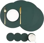 Placemats Faux Leather Round Table Mats Set of 4 with Coasters, Heat-Resistant Waterproof Non-Slip Washable Mats for Kitchen Dinning Table, PU Table Mats (Green+Beige)