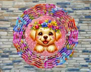 10" Colorful Labrador Puppy Dog Flowers Hanging Wind Spinner Yard RWS237