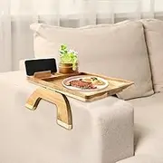 FwQoFvk Wooden 3 in 1 Couch Arm Tray, Foldable Clip on Sofa Armrest Table with 360° Rotatable Phone Holder and Cup Holder, Couch Clip on Tray for Snacks 39.5×25×11.5 cm