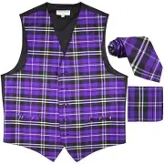 New Men's Plaid Tuxedo Vest Waistcoat & Necktie Set Purple Wedding formal prom