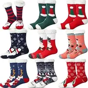 [Suhine] 9 Pairs Christmas Fuzzy Slipper Socks Winter Warm Fuzzy Socks Women Soft Non Skid Socks Christmas Pattern Socks Gifts