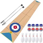8.98'L Shuffleboard, Curling and Bowling 3 in 1 Board Game Set,with 8.98 Foot Game Mat,2 Cues,8 Curling Rocks,6 Bowling Pins,Fun Family Game