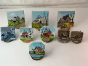 9 Vtg Tiny Hand Painted Decorative Ceramic Tiles With Solid Wood Stands