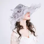 [KTLSHY] Foldable Brim Summer UV Hat Women Foldable Organza Church Beach Sun Straw Hat Hat Ruffles Wide Brim Fascinator Cap Women Lady Classic Sun Hat Tea Party Wedding Bow Hat Female,3 Colors (Color : Gray)