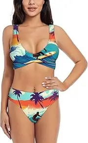 [EdWal] Hawaiian Surfer on Wavy Print Bikini Set for Women Halter Strapless Ruched Color Block Trim Swimsuit 2 Piece for Women