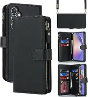 [Cavor] for Samsung Galaxy A54 5G Case 6.4 inch PU Leather Folio Flip Wallet Back Cover Magnetic Case with Long Shoulder Lanyard Zipper Coin Purse 9 Card Holder Kickstand Wristlet Strap-Black