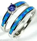 Tanzanite & Blue Fire Opal Inlay 925 Sterling Silver Solitaire & Band Ring Set