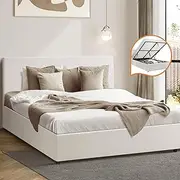 Oikiture Bed Frame Doubel Size Gas Lift Storage Base Boucle Fabric Material White