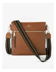 [Madison Accessories] Renee Zip Top 2 Compartment Crossbody Bag + Stripe Strap in Brown