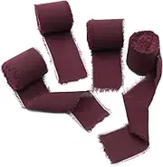 4 Rolls Burgundy Handmade Fringe Chiffon Silk Ribbon 1.5"W x 5Yd Per Roll,Frayed Edges Ribbon Set for Gifts Wrapping,Wedding Invitations,Bouquets,DIY Crafts (1.5"x20Yd, Burgundy)