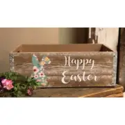 New Farmhouse Shabby Chic Rustic HAPPY EASTER BUNNY WOOD CRATE Basket Box 15"