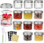 Vivva Mason Jars,12 Pack 4 oz/120ml Glass Mini Mason Jars with Regular Lids, Canning Jar with Label Tags and Sponge Brush for Jelly, Jam, Candle, Honey, Dessert, Herbs,Spice, Shower Wedding Favor