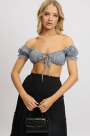 Black Check Crop Top Short Sleeve Tie Front - Size 16XL, Women's Crop Top