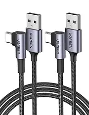 UGREEN 2 Pack USB A to USB C Cable, Right Angle 90 Degree Type C Fast Charging Cord Compatible for iPhone 16 15 Pro Max, Galaxy S24 S23 S22, PS5 Controller, LG G8 G7 V40 V20, Switch, Moto, 1M