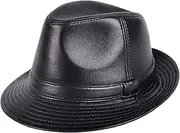 KJIASDFE Winter Hats,Leather Jazz Cap Mens Sheepskin Fedora Autumn Vintage Gentleman Hat 56-60cm Black