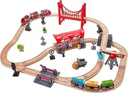 Hape Busy City Rail Battery-Operated Train Set for Kids 3Year+ | Wooden Track and Vehicle Playset with Cars - Educational Transportation Learning Toys