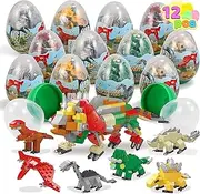 MOTYYA 12 Pcs Prefilled Easter Eggs with Dinosaurs Building Blocks Toys, 3.25" Eggs for Easter Basket Stuffers, Holiday Kids Gifts Easter Party Favors Set, Easter Egg Hunt, Classroom Events Rewards