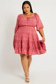 Red Ditsy Tie Front Tiered Minidress