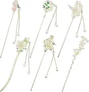 6 Pcs Chinese Hair Sticks with Pendants, Gold Metal Japanese Hair Pin for Long Hair, Retro Chinese Hair Pin for Women, Traditional Hanfu Hair Chopsticks, Hair Flower Accessories (Gold)