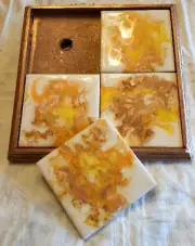 Ceramic Coaster Trivet - Handmade Resin Art - Trivet & 4 Ceramic Tiles