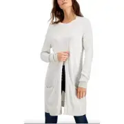 Style & Co Light Gray Knit Open Front Cozy Casual Cardigan Patch Pockets XS New