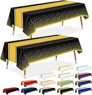 LANLISA Black and Gold Tablecloth Graduation Decorations 2025 2 Pack, Disposable Plastic Table Cloths for Birthday Masquerade Retirement Party Decor