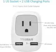TESSAN Power Adapter Type H 3 Prong Grounded Travel Plug 2 USB Phone Charger